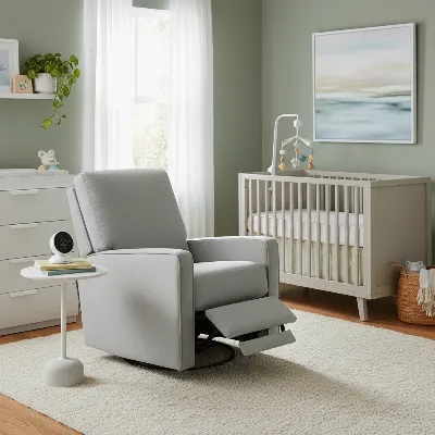 A sleek Babyletto Kiwi Electronic Recliner and Swivel Glider in a modern nursery setting. 