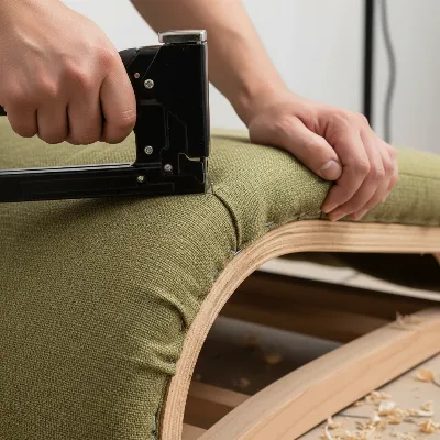 A close-up of hands using a staple gun to attach new fabric to the frame of a recliner chair, highlighting precision and tight pulling.