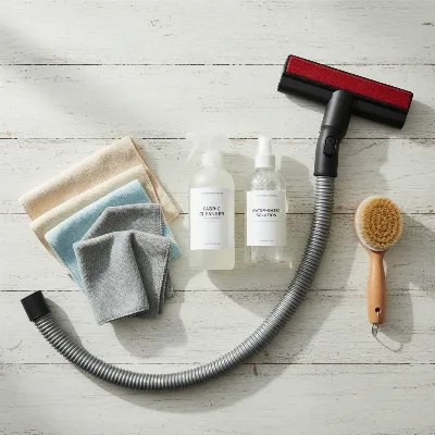 Tools for cleaning a fabric recliner chair: mild detergent, microfiber cloths, spray bottle, vacuum with upholstery attachment, and soft brush.