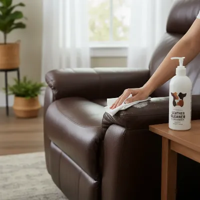 A person gently wiping a section of a leather recliner with a soft cloth and a specialized cleaning solution. The chair is in a well-maintained home environment, focusing on the cleaning process with realistic lighting.