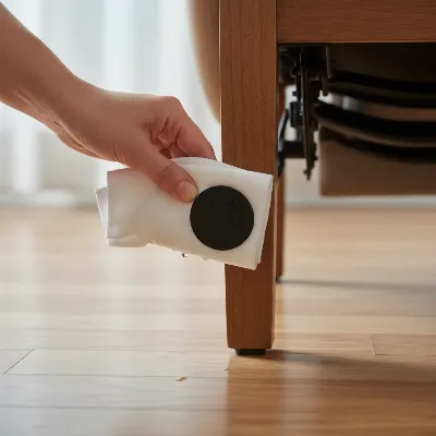A person inspecting and cleaning a rubber anti-slip pad under a recliner chair on a hardwood floor, ensuring long-term stability.