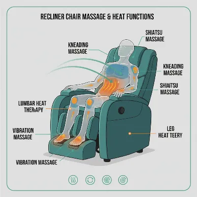 An infographic-style illustration highlighting various massage techniques and heat zones within a recliner chair, clearly labeling areas for shiatsu, kneading, vibration massage in different body parts like back, shoulders, calves, with heat elements subtly glowing in lumbar and leg areas.