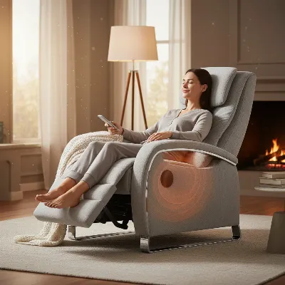 A luxurious, modern recliner chair with sleek lines, featuring visible massage nodes and subtle warmth radiating from the lumbar area, placed in a cozy, well-lit living room with soft ambient lighting. A person is comfortably relaxing in the chair with a serene expression, holding a book.