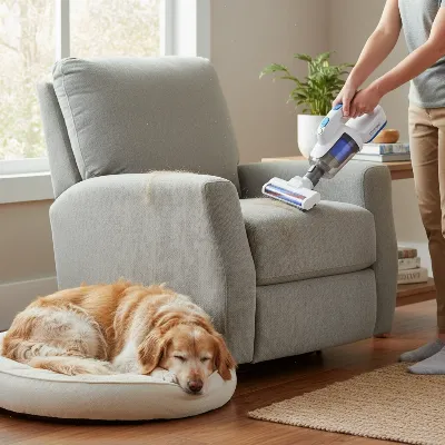 A person vacuuming a microfiber recliner with a pet hair attachment, with a small dog sleeping nearby