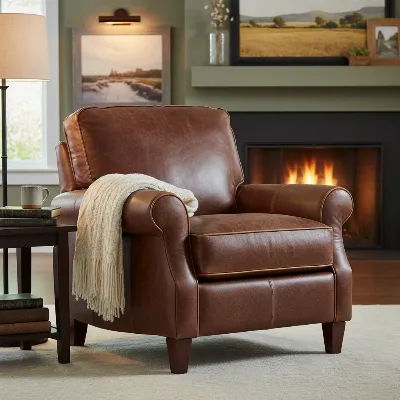 Pottery Barn Manhattan Leather Recliner Chair in a sophisticated living room setting