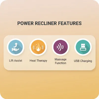 An infographic illustrating key features of a power recliner chair beneficial for elderly seniors, including lift assist, heat, massage, and USB port, against a warm, inviting background.