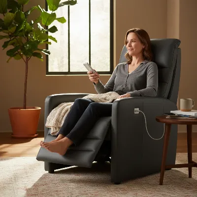An adult comfortably using a power recliner, showcasing the remote control and a USB charging port for convenience.