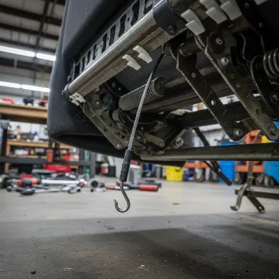 Detailed view of a recliner's metal mechanism with an old broken pull cable disconnected and visible plastic clips along its path.