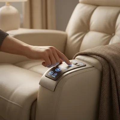A close-up shot of a person's hand operating a modern recliner chair's control panel or remote, with buttons for massage intensity, heat level, and recline positions. The background subtly shows a comfortable, plush recliner interior, focusing on user interaction with realistic lighting.