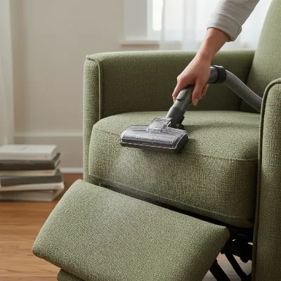 A person carefully cleaning the upholstery of a power recliner with a brush attachment on a vacuum cleaner, highlighting maintenance.