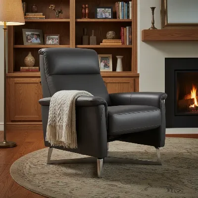 A well-maintained, modern recliner chair in a cozy living room, symbolizing quiet comfort and longevity achieved through regular cleaning and lubrication, with a soft throw blanket draped over it.