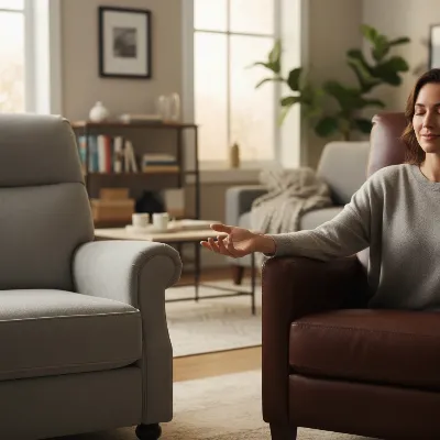 Person relaxing in a comfortable recliner, choosing between a plush microfiber and a sleek leather option, showing decision-making on material choice for ultimate relaxation in a modern living room setting, soft lighting