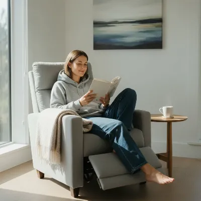 A person relaxing comfortably in a modern, fabric recliner chair in a bright, cozy living room.