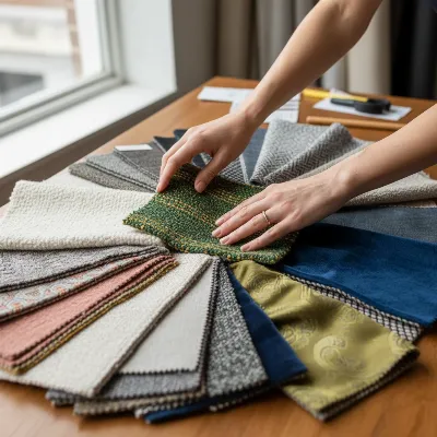 A person examining various upholstery fabric swatches to choose a budget-friendly option for a recliner, showing different textures and colors.