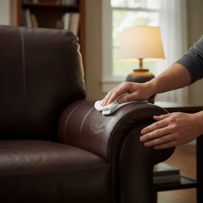 Hands cleaning a leather oversized recliner chair with a specialized conditioner, showcasing proper maintenance for longevity. The setting is bright and clean.