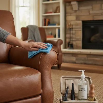 A hand wiping down a leather recliner with a cleaning cloth, with a cleaning kit beside it