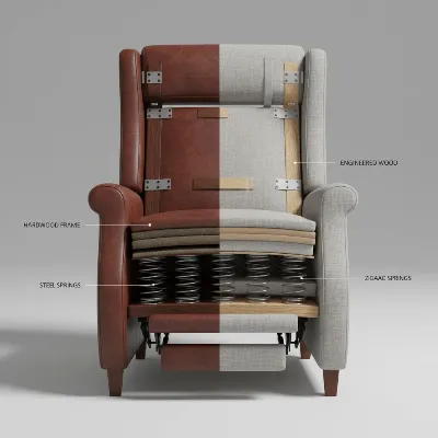 An abstract illustration showing the internal components of a high-quality recliner chair, highlighting a robust hardwood frame and durable springs, against a backdrop of less durable engineered wood parts for contrast.