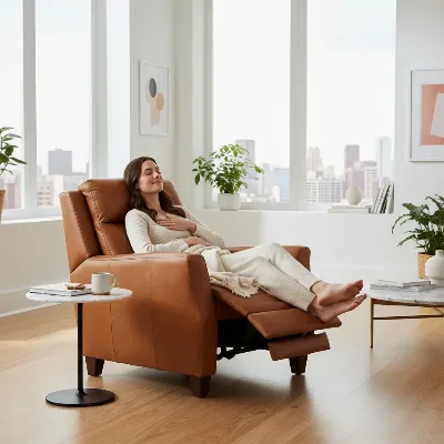 A sophisticated Sven leather recliner chair in a modern living room, with a person comfortably settled in a reclined position, bathed in soft, natural light