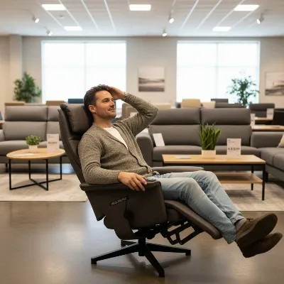 A person testing the comfort and ergonomic features of an ergonomic recliner chair in a showroom.