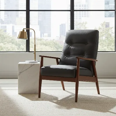 West Elm Rhys Mid-Century Recliner Chair in a modern living room setting, showcasing its elegant design